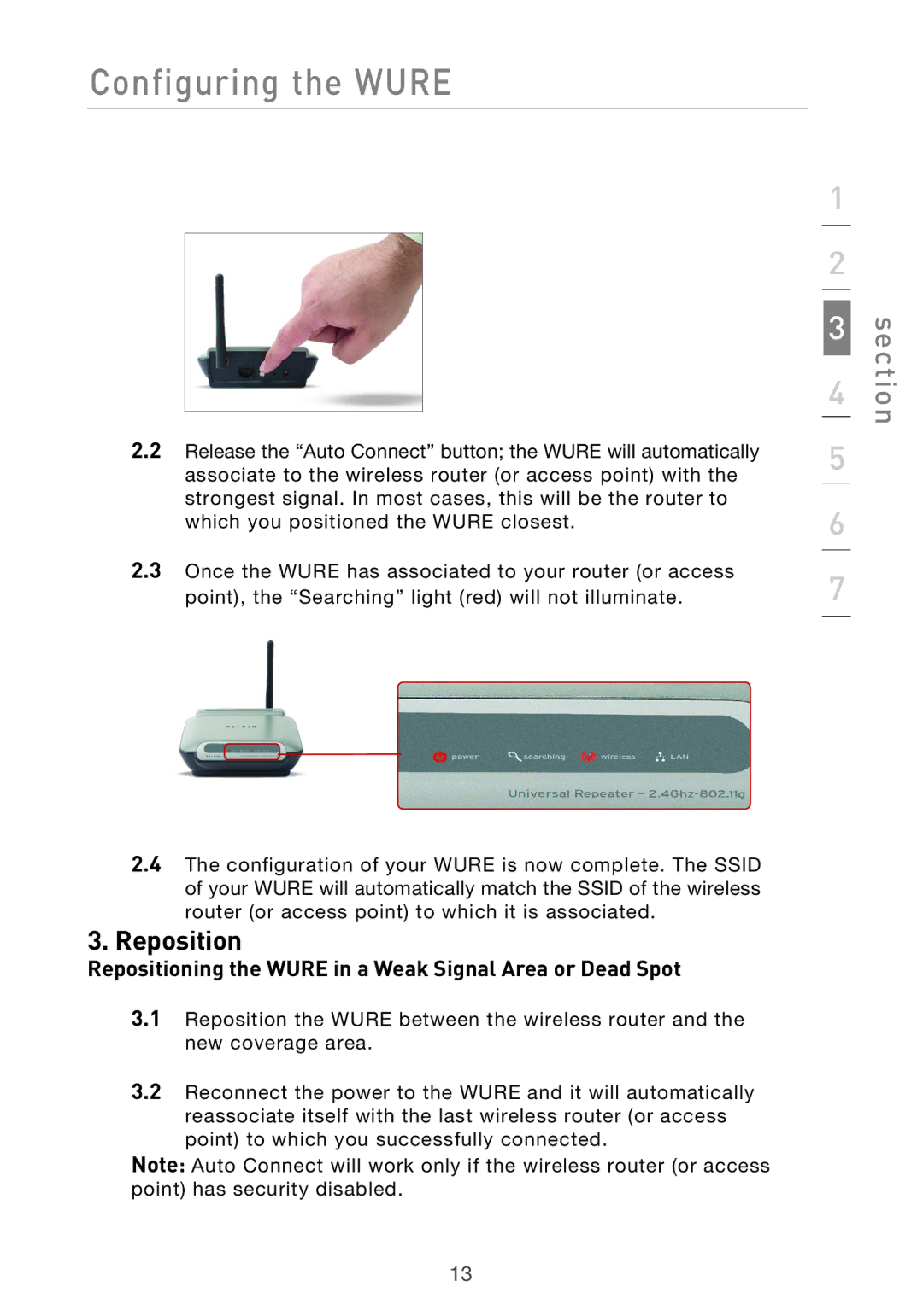 Belkin Range Extender/ Access Point manual Repositioning the Wure in a Weak Signal Area or Dead Spot 