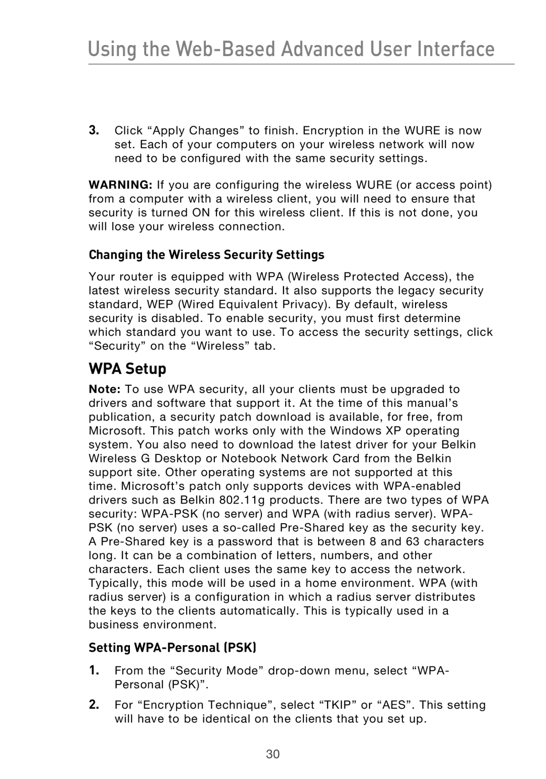 Belkin Range Extender/ Access Point manual WPA Setup, Changing the Wireless Security Settings, Setting WPA-Personal PSK 