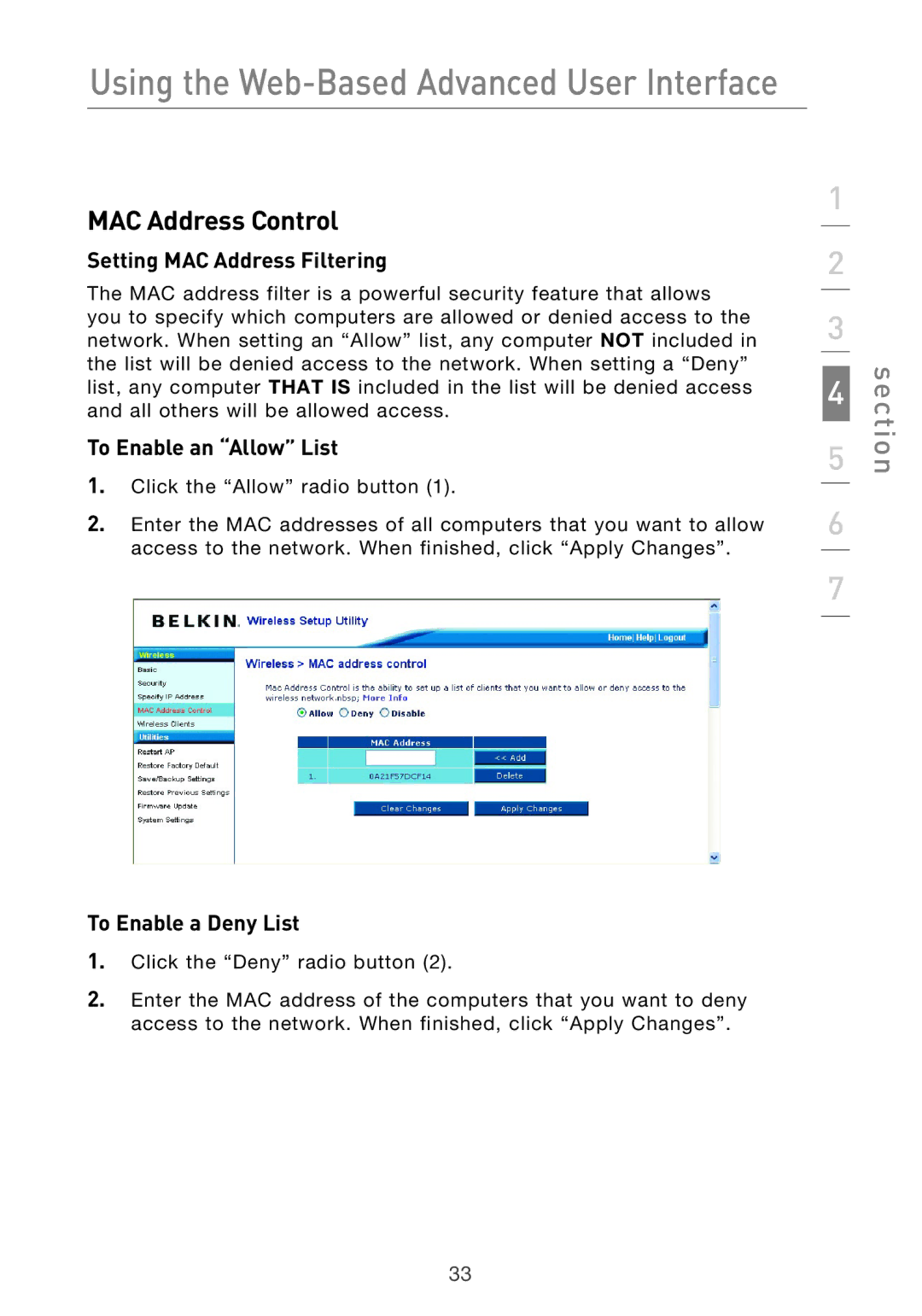 Belkin Range Extender/ Access Point manual MAC Address Control, Setting MAC Address Filtering, To Enable an Allow List 