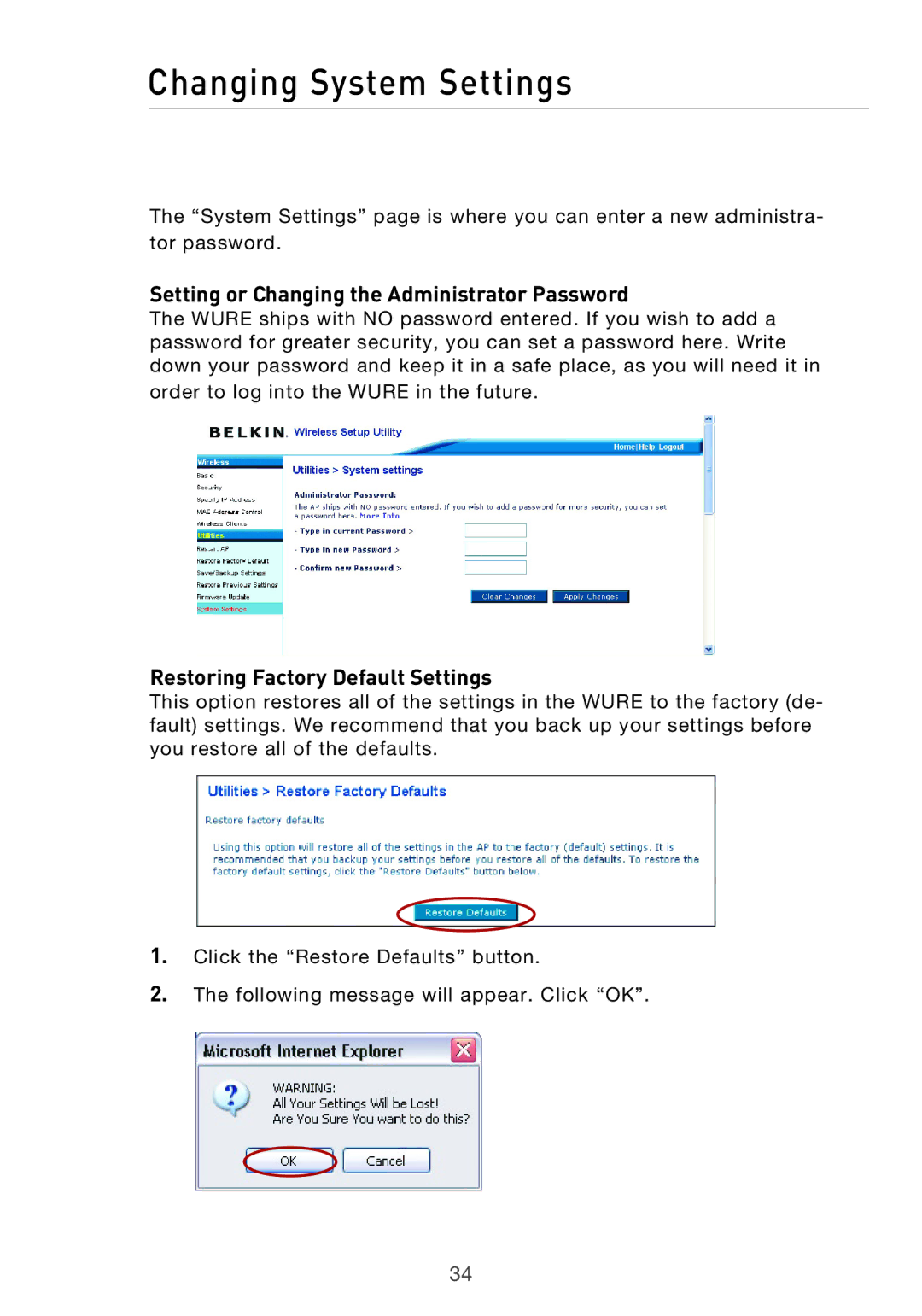 Belkin Range Extender/ Access Point manual Changing System Settings, Setting or Changing the Administrator Password 