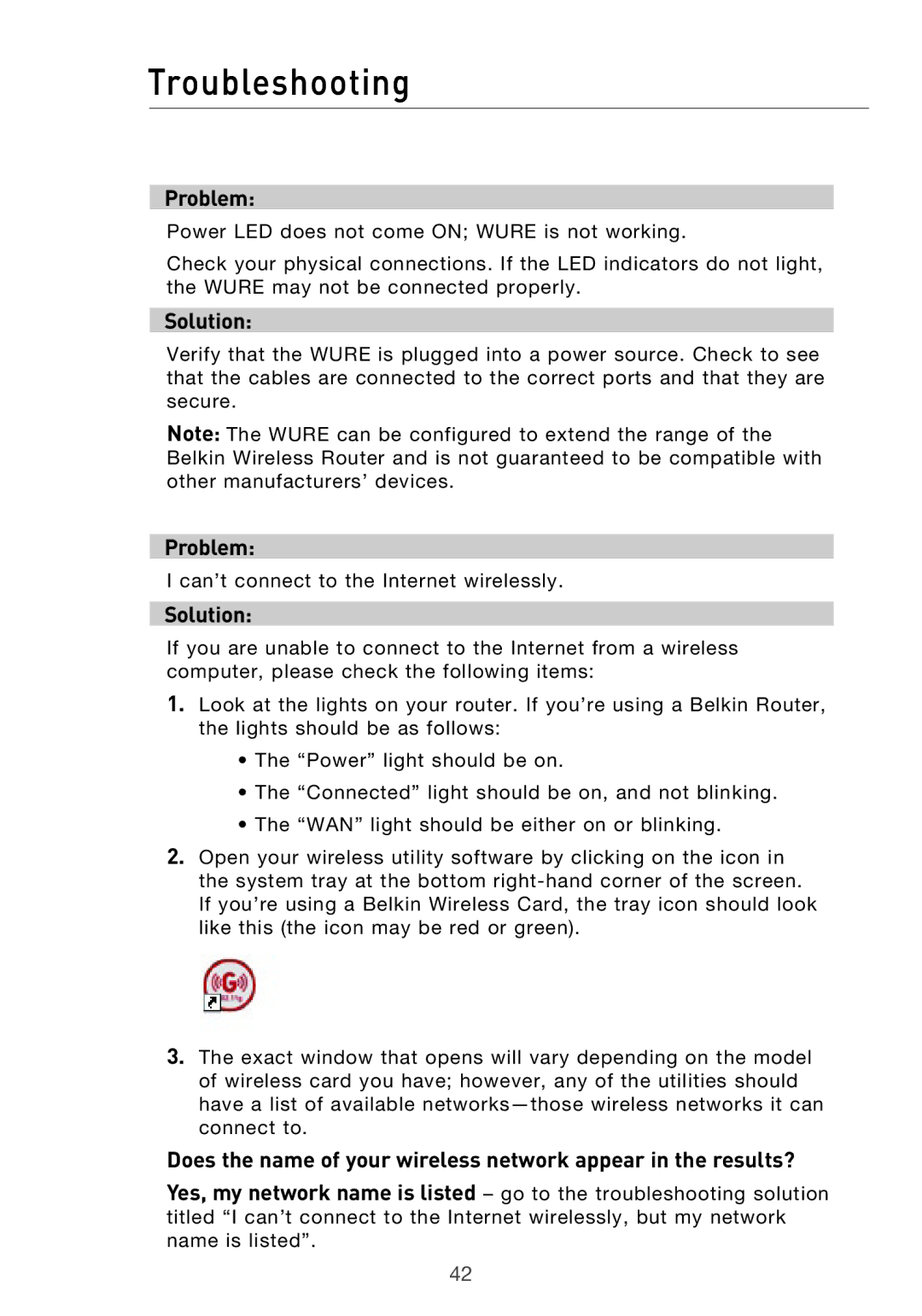 Belkin Range Extender/ Access Point manual Troubleshooting, Problem, Solution 