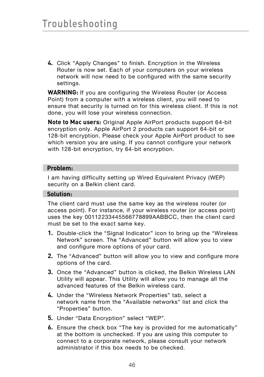 Belkin Range Extender/ Access Point manual Troubleshooting 