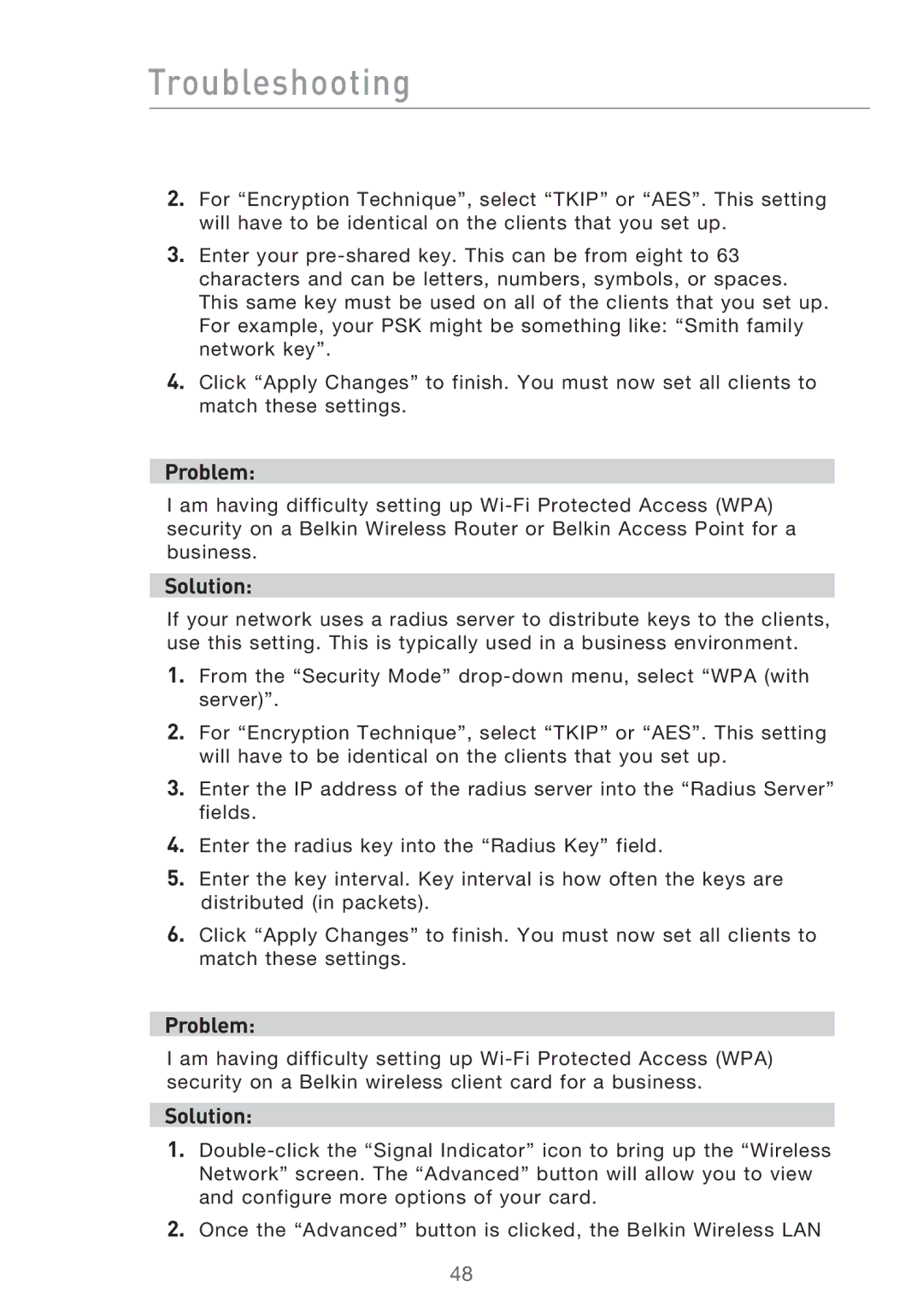 Belkin Range Extender/ Access Point manual Troubleshooting 