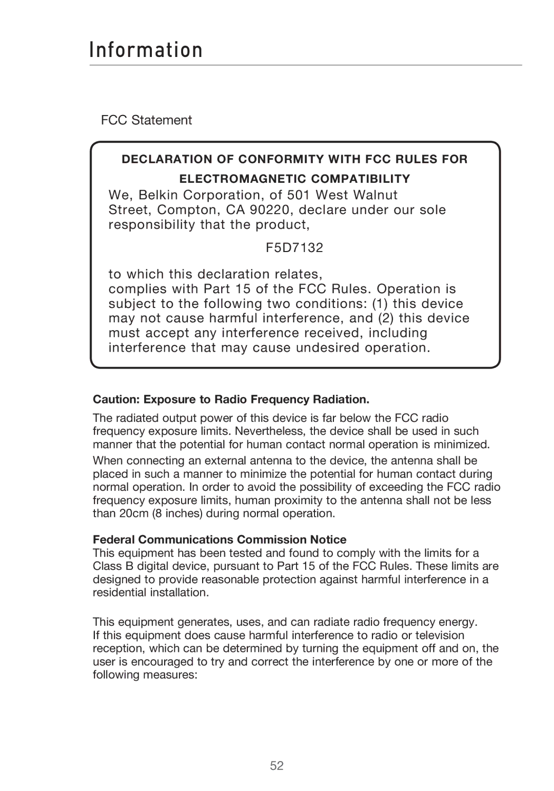 Belkin Range Extender/ Access Point manual Information, Federal Communications Commission Notice 