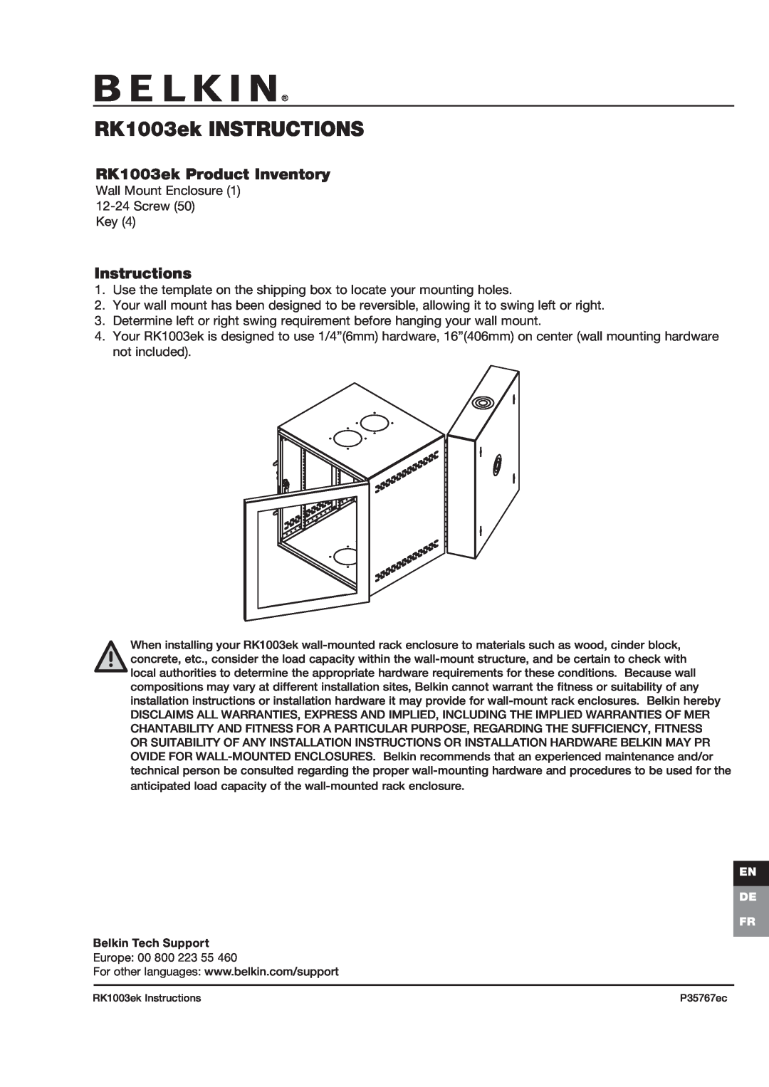 Belkin P35767ec installation instructions RK1003ek INSTRUCTIONS, RK1003ek Product Inventory, Instructions 