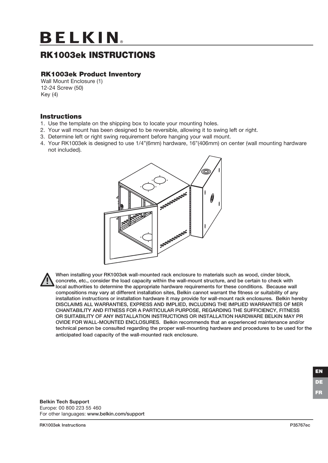 Belkin P35767ec installation instructions RK1003ek Instructions, RK1003ek Product Inventory 