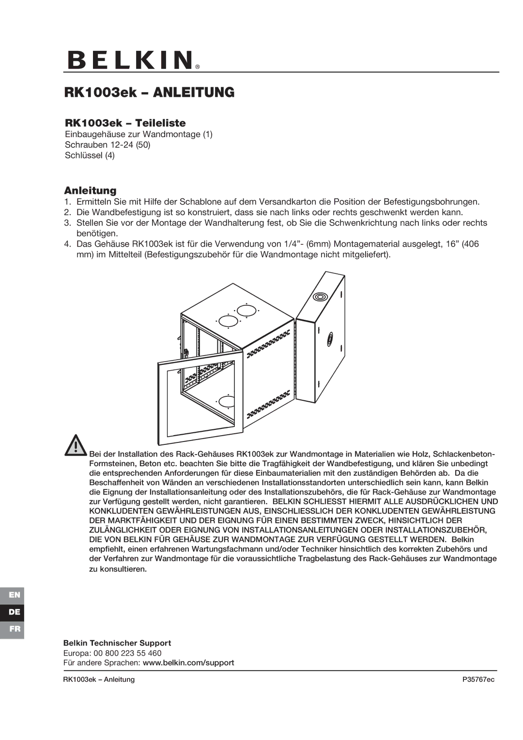 Belkin P35767ec installation instructions RK1003ek Anleitung, RK1003ek Teileliste 