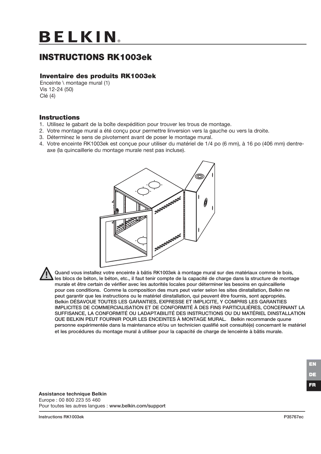 Belkin P35767ec installation instructions Instructions RK1003ek, Inventaire des produits RK1003ek 