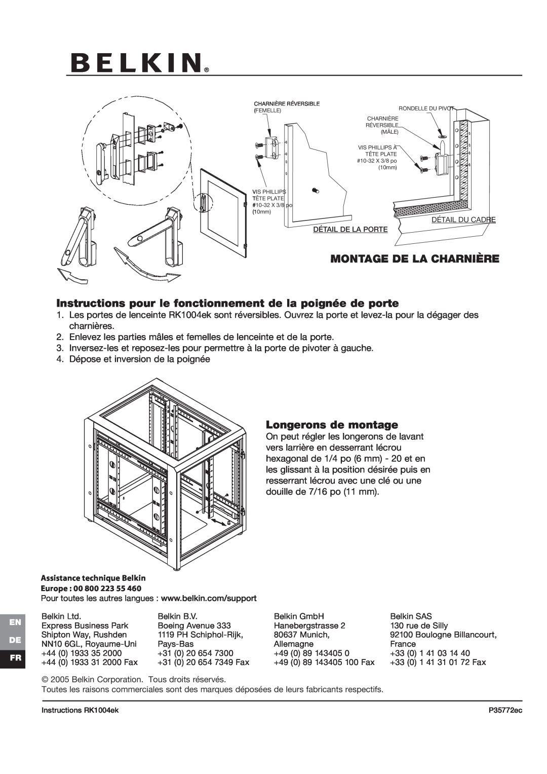 Belkin RK1004ek Montage De La Charnière, Instructions pour le fonctionnement de la poignée de porte, Longerons de montage 