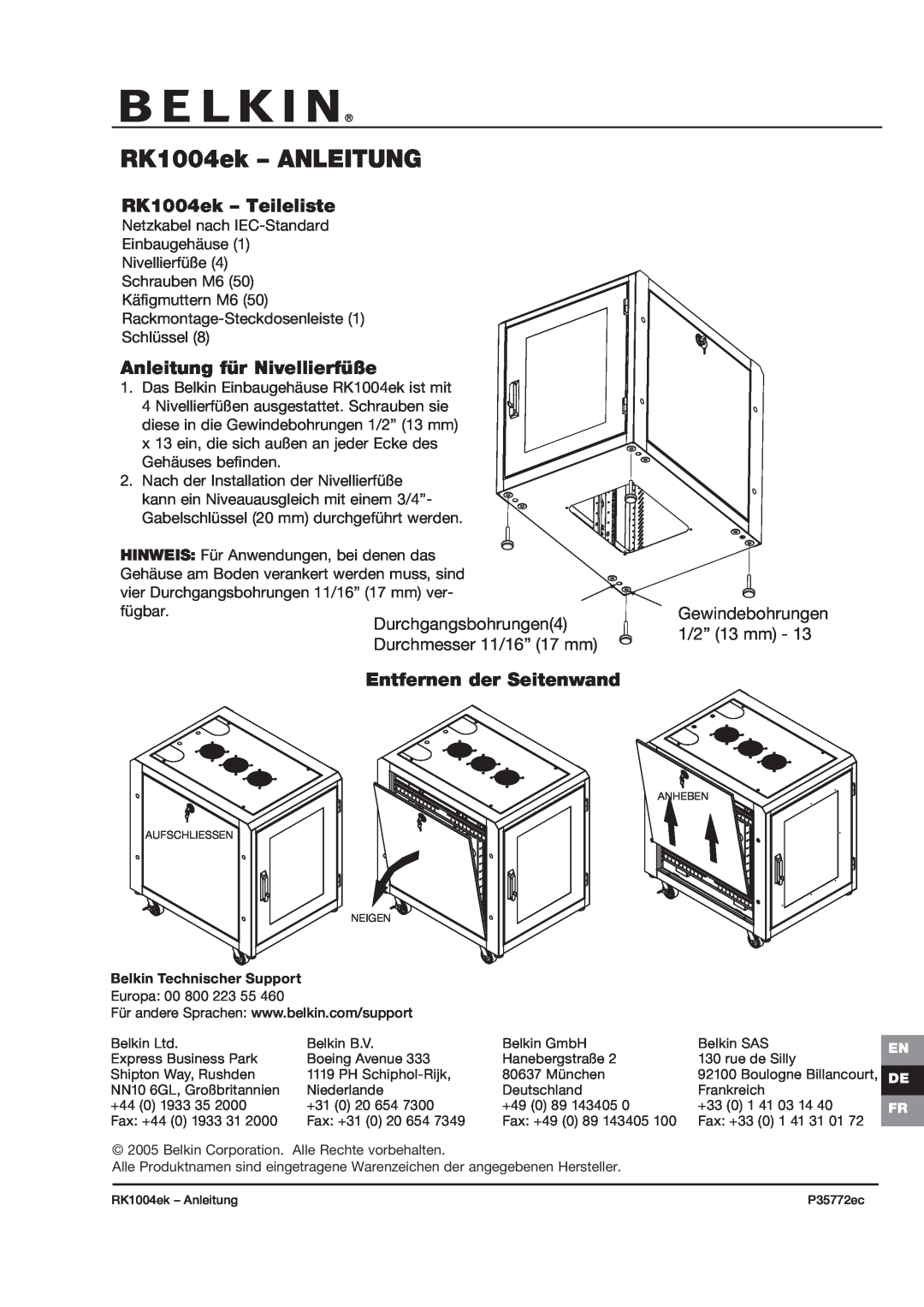 Belkin P35772ec RK1004ek - ANLEITUNG, RK1004ek - Teileliste, Anleitung für Nivellierfüße, Gewindebohrungen 1/2” 13 mm 