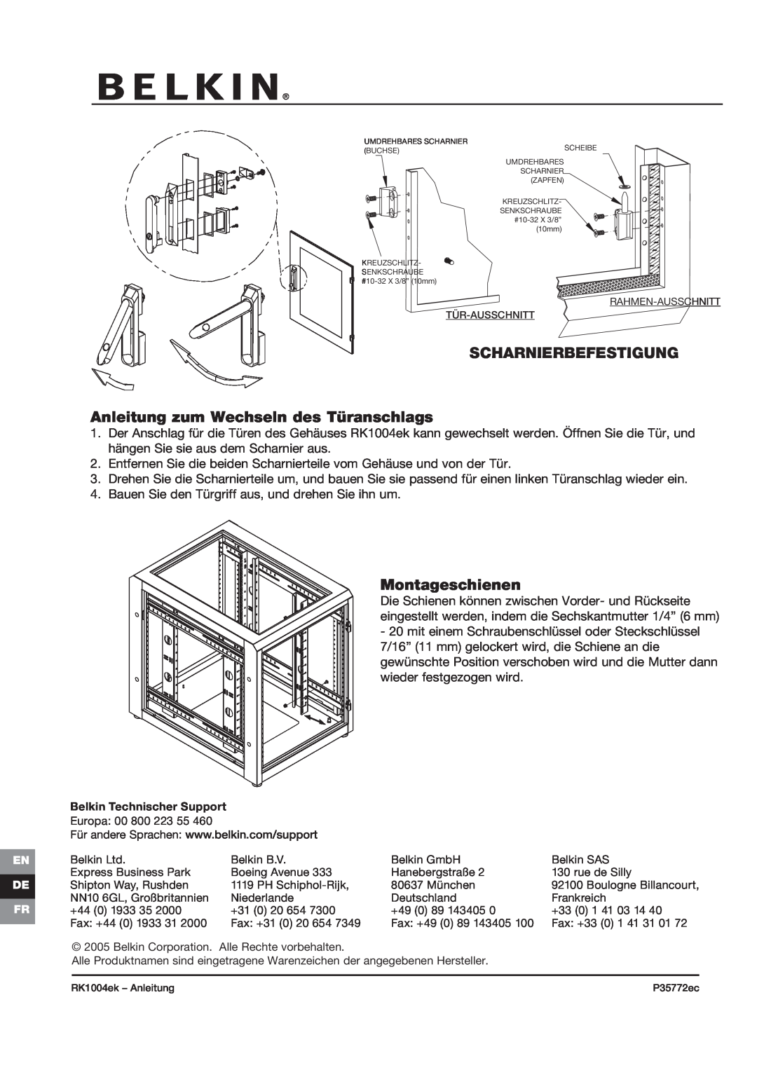 Belkin RK1004ek, P35772ec manual SCHARNIERBEFESTIGUNG Anleitung zum Wechseln des Türanschlags, Montageschienen 