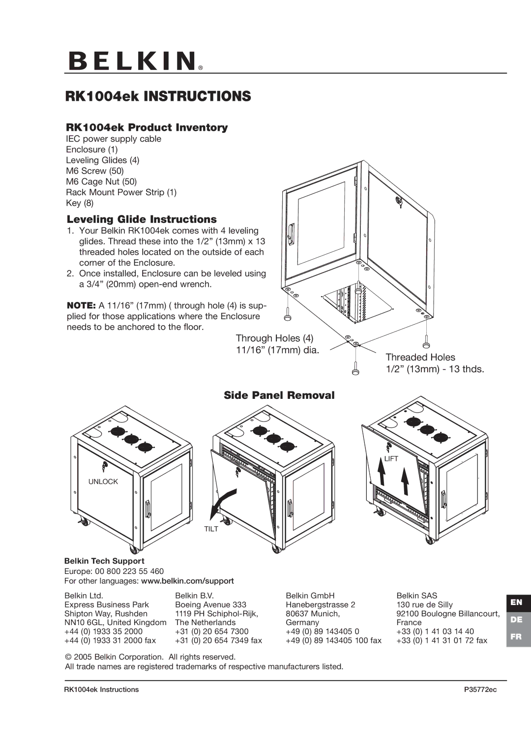 Belkin P35772ec manual RK1004ek Instructions, RK1004ek Product Inventory, Leveling Glide Instructions, Side Panel Removal 