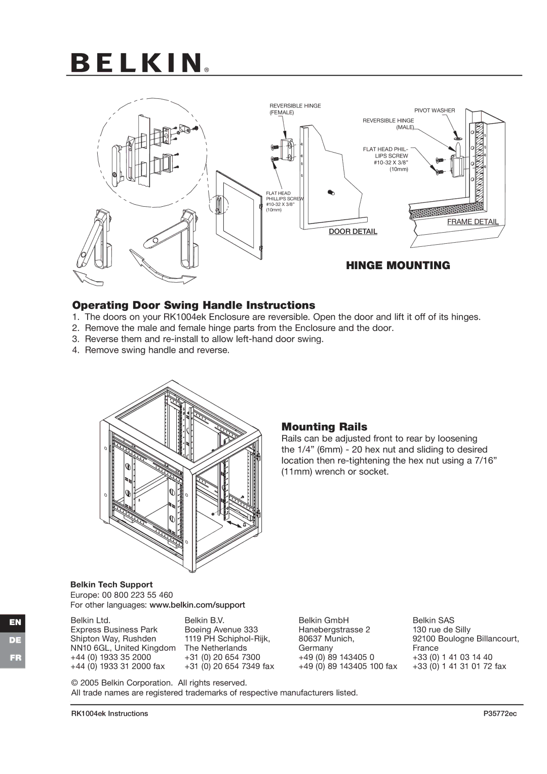 Belkin RK1004ek, P35772ec Hinge Mounting, Operating Door Swing Handle Instructions, Mounting Rails, Boulogne Billancourt 