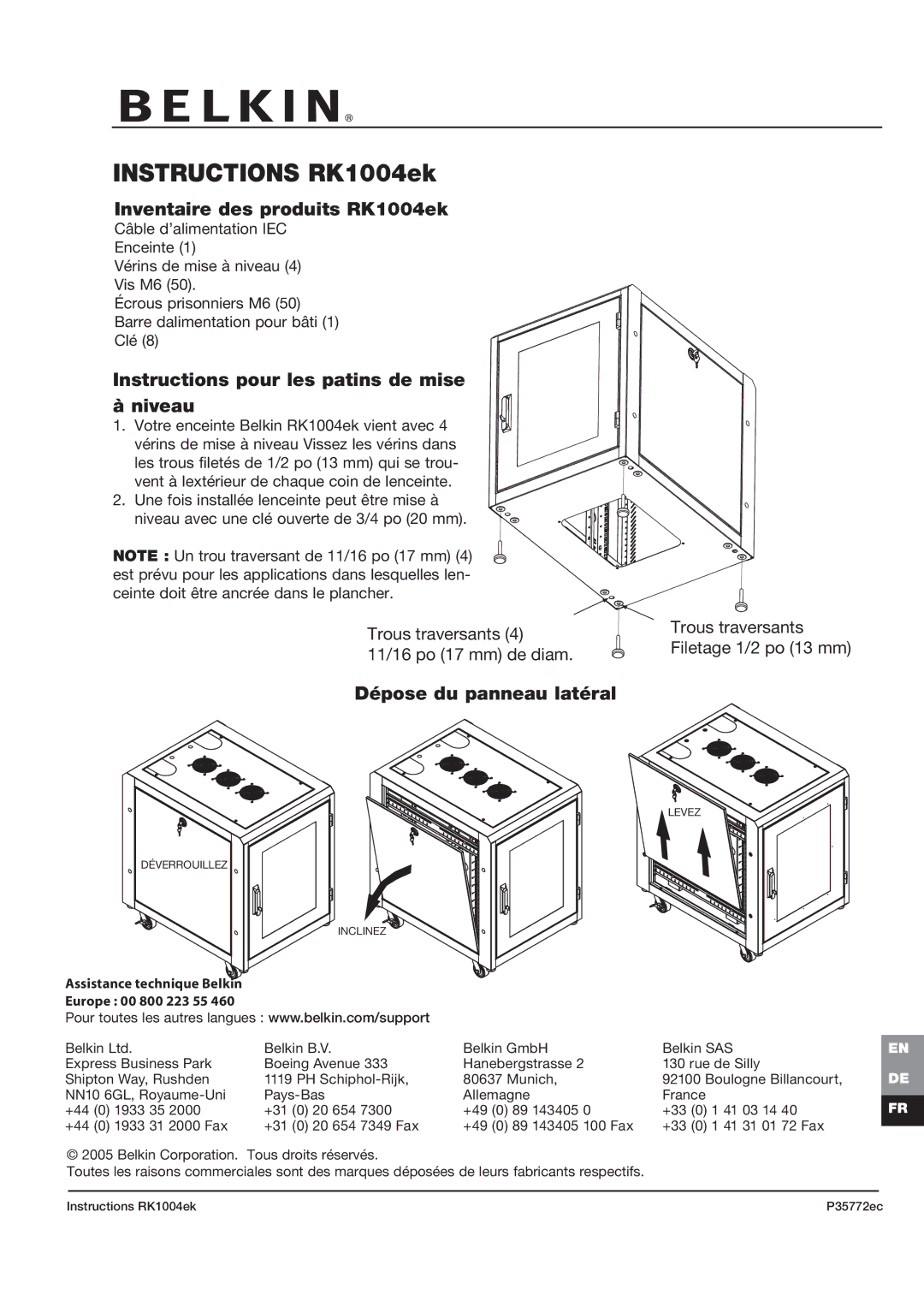 Belkin P35772ec Instructions RK1004ek, Inventaire des produits RK1004ek, Instructions pour les patins de mise à niveau 