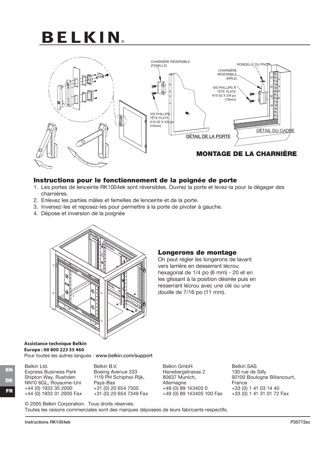 Belkin RK1004ek Montage DE LA Charnière, Instructions pour le fonctionnement de la poignée de porte, Longerons de montage 