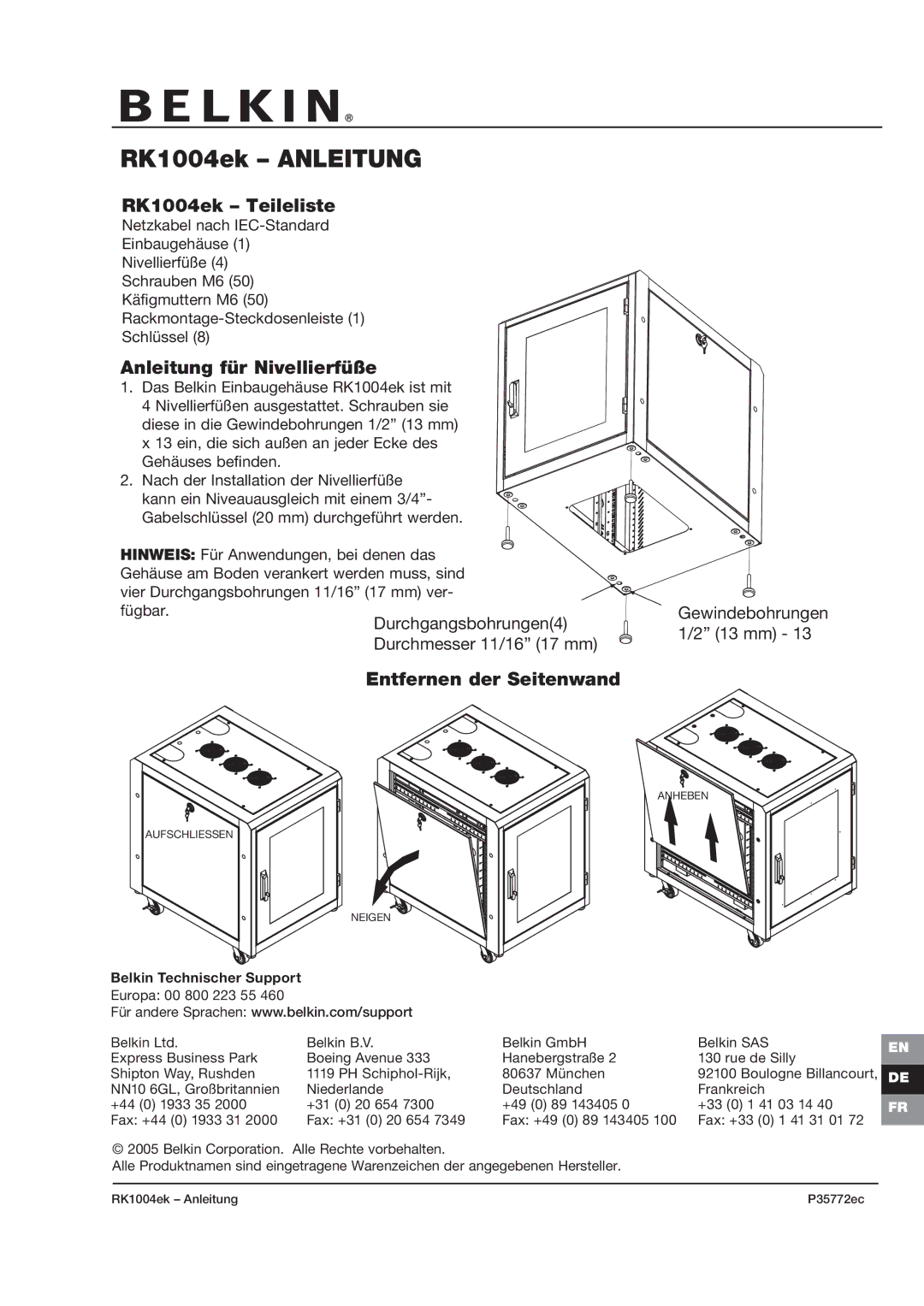 Belkin P35772ec manual RK1004ek Anleitung, RK1004ek Teileliste, Anleitung für Nivellierfüße, Gewindebohrungen 1/2 13 mm 