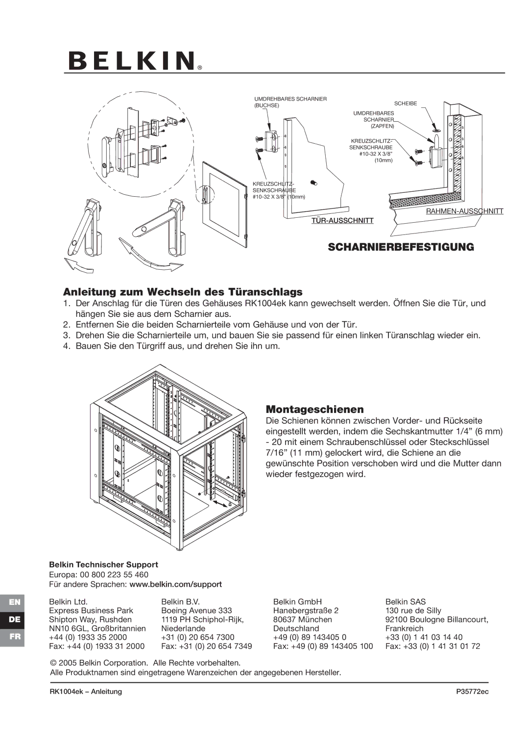 Belkin RK1004ek, P35772ec manual Scharnierbefestigung, Anleitung zum Wechseln des Türanschlags, Montageschienen 