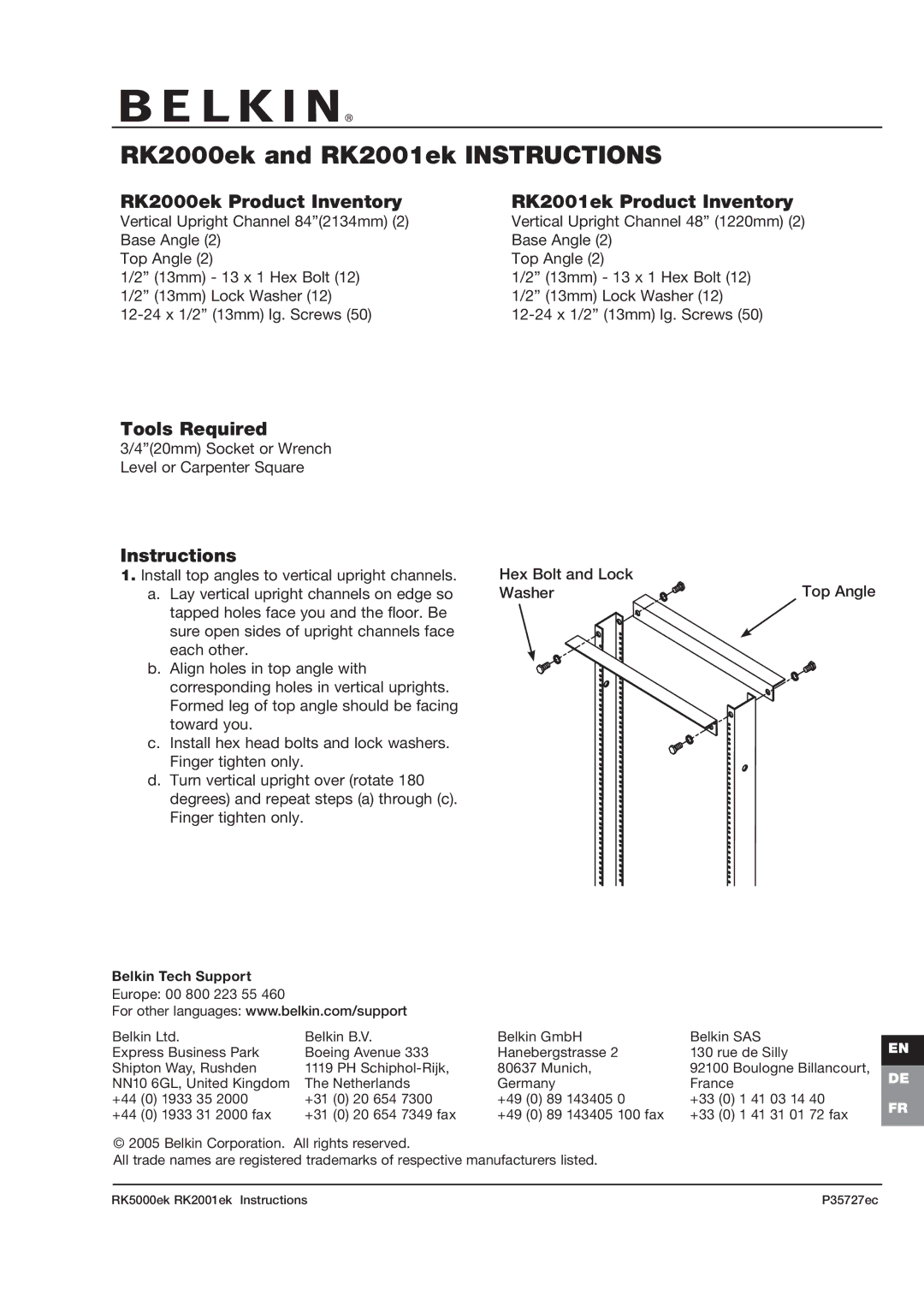 Belkin RK5000ek, P35727ec manual RK2000ek and RK2001ek Instructions, RK2000ek Product Inventory RK2001ek Product Inventory 