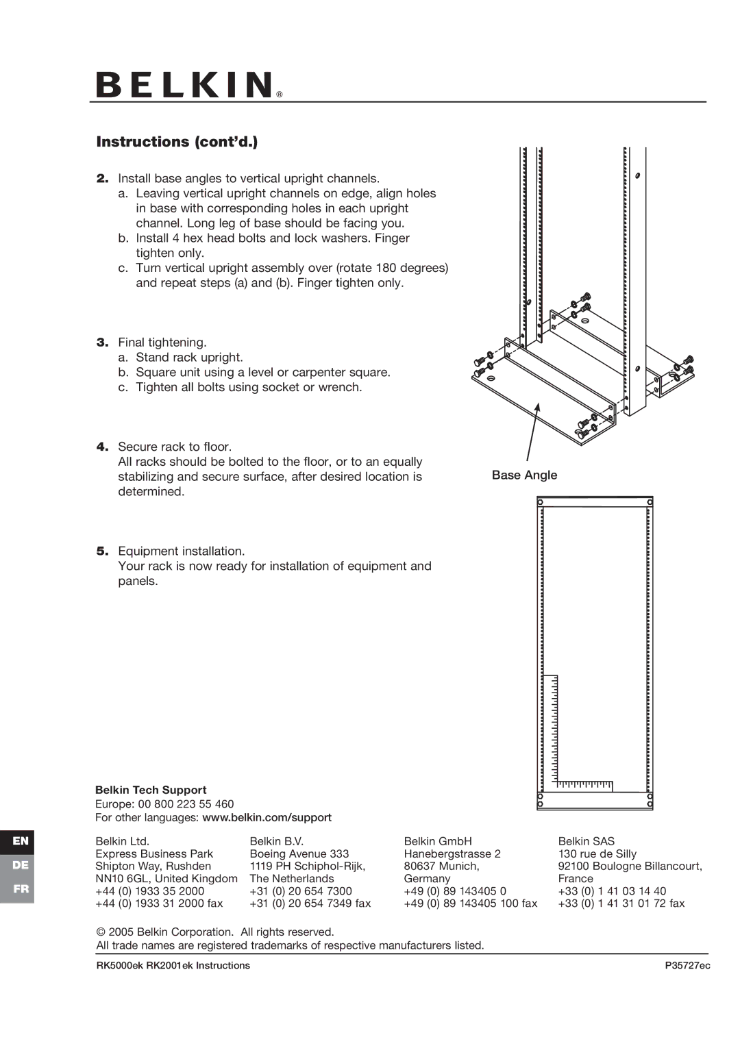 Belkin RK2000ek, RK2001ek, RK5000ek, P35727ec manual Instructions cont’d 