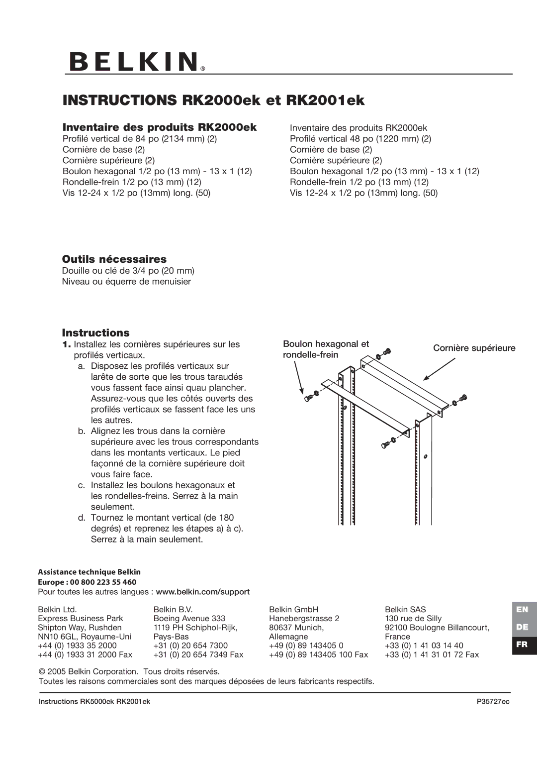 Belkin P35727ec, RK5000ek manual Instructions RK2000ek et RK2001ek, Inventaire des produits RK2000ek, Outils nécessaires 