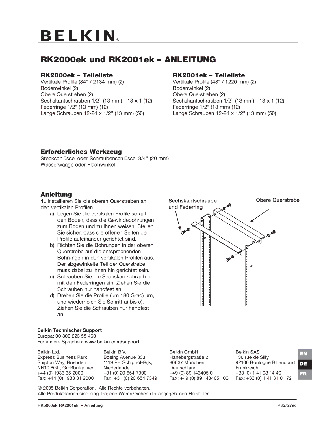 Belkin RK5000ek manual RK2000ek und RK2001ek Anleitung, RK2000ek Teileliste RK2001ek Teileliste, Erforderliches Werkzeug 