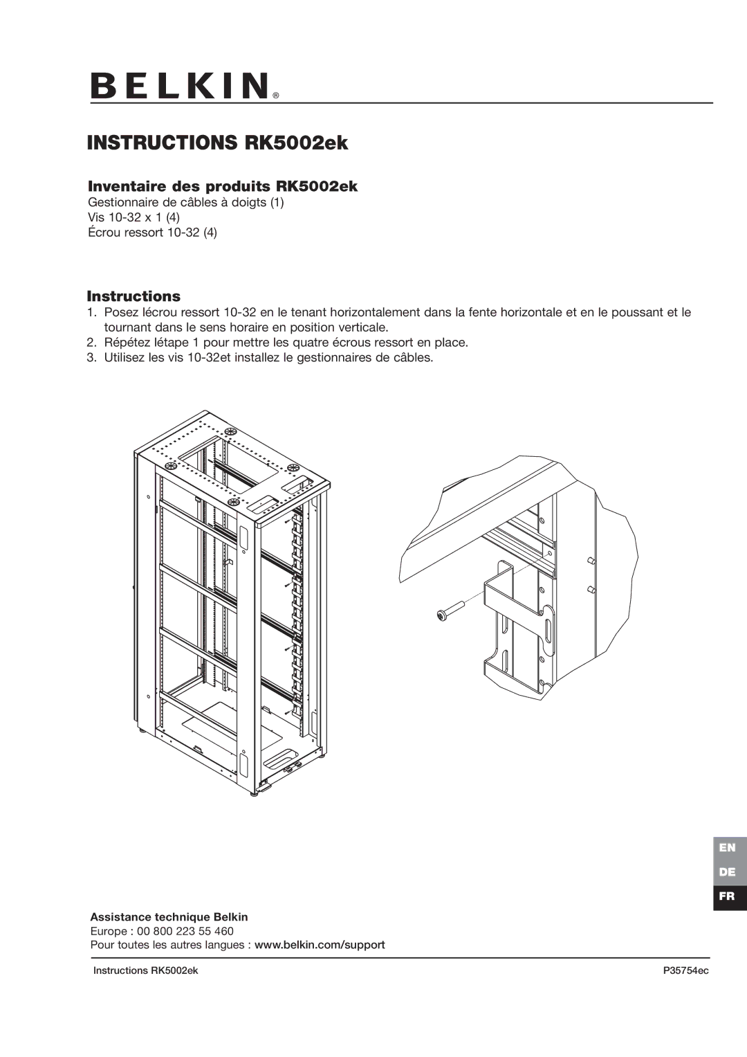 Belkin P35754ec manual Instructions RK5002ek, Inventaire des produits RK5002ek 