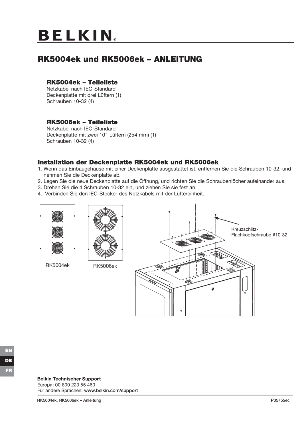 Belkin RK5006EK, RK5004EK manual RK5004ek und RK5006ek Anleitung, RK5004ek Teileliste, RK5006ek Teileliste 