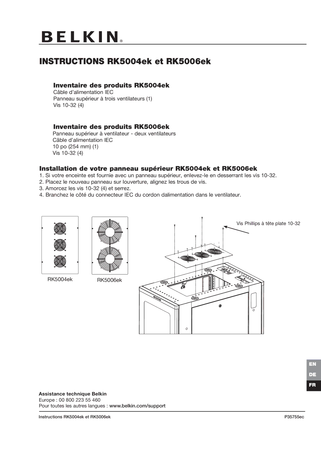 Belkin RK5004EK Instructions RK5004ek et RK5006ek, Inventaire des produits RK5004ek, Inventaire des produits RK5006ek 