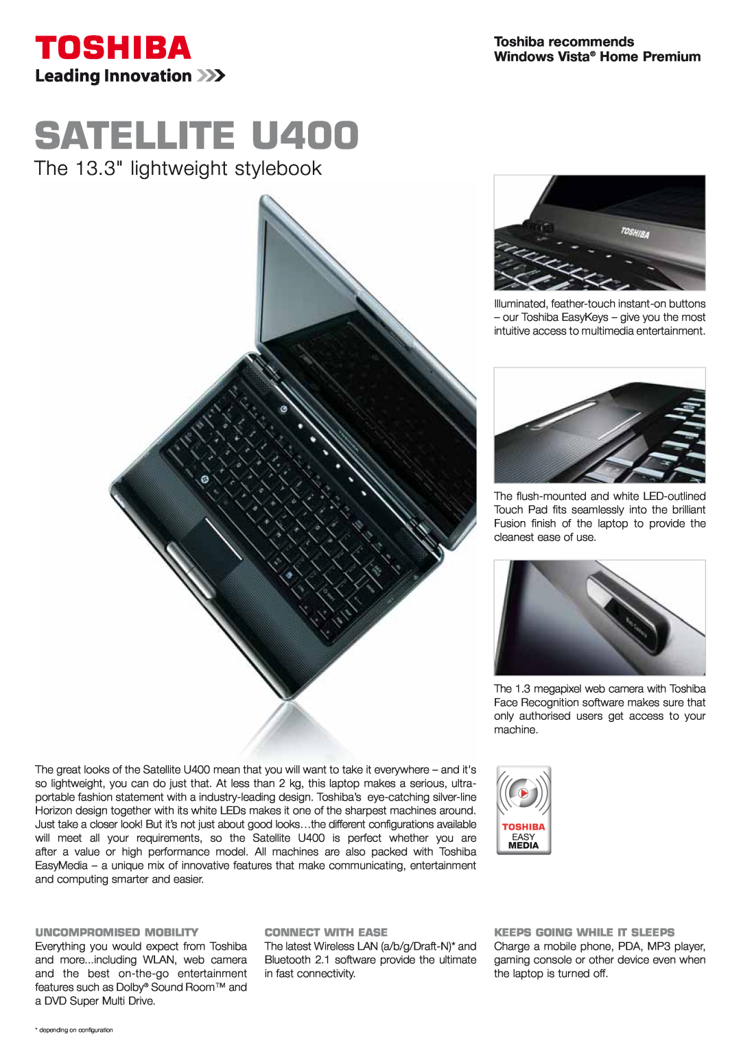 Belkin satellite U400 manual Toshiba recommends Windows Vista Home Premium, SATELLITE U400, The 13.3 lightweight stylebook 