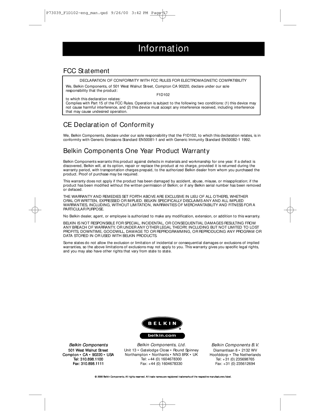 Belkin SE 2-Port Information, FCC Statement, CE Declaration of Conformity, Belkin Components One Year Product Warranty 