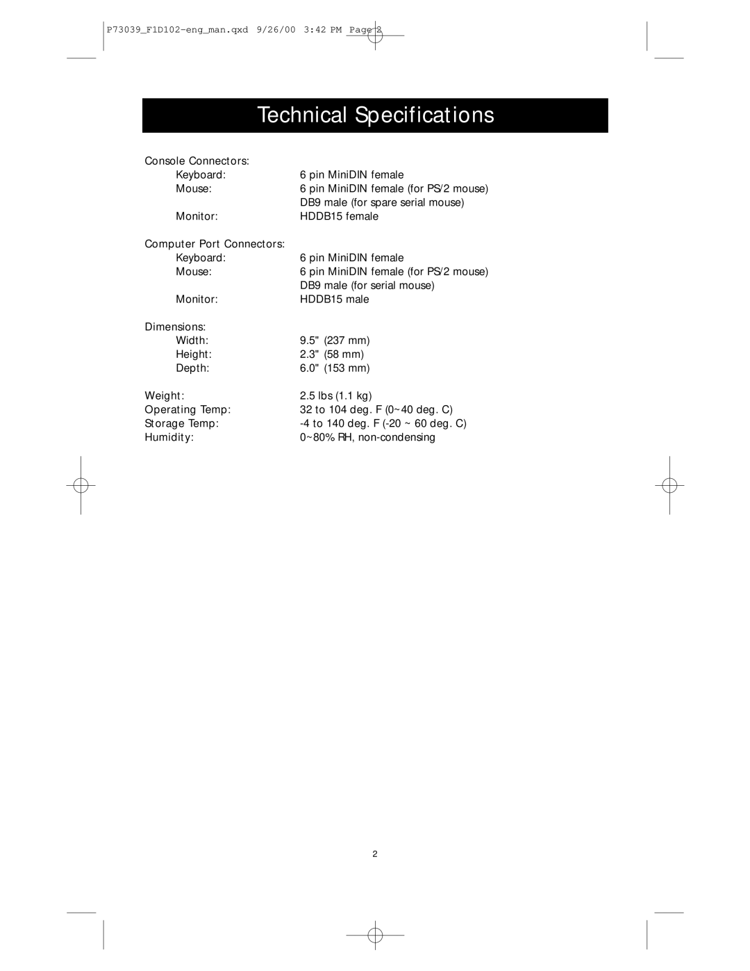 Belkin SE 2-Port user manual Technical Specifications 