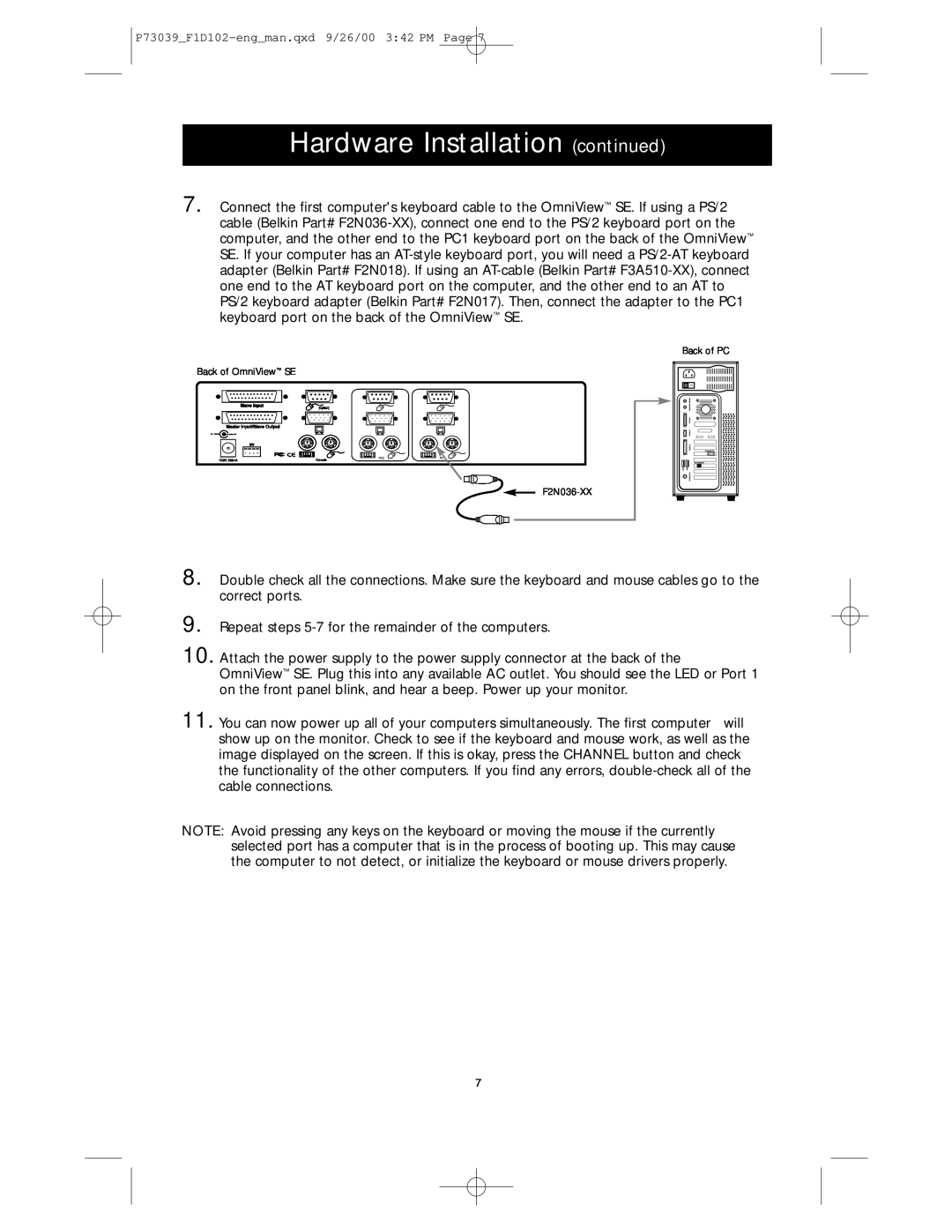 Belkin SE 2-Port user manual Hardware Installation continued, Back of PC Back of OmniView SE F2N036-XX 