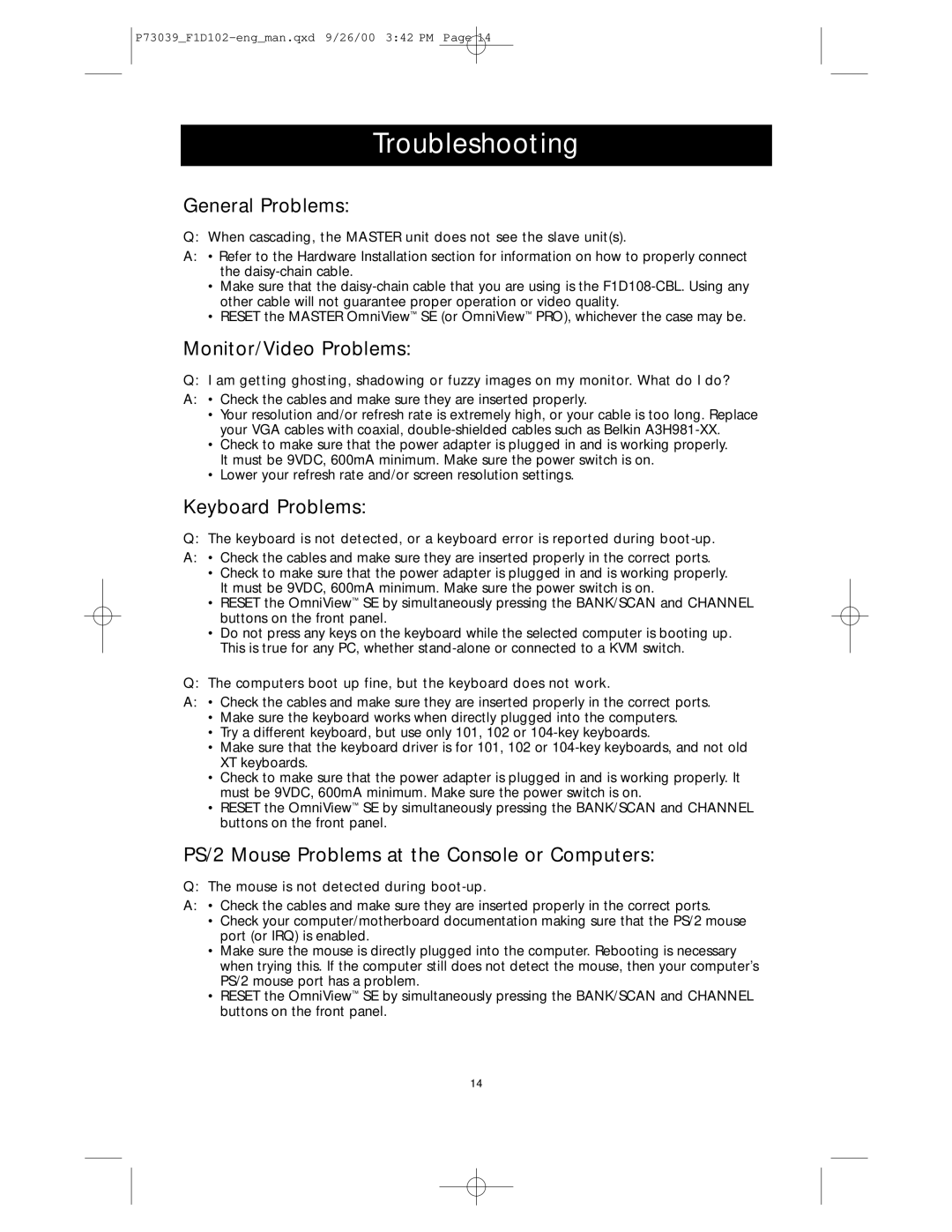 Belkin SE 2-Port user manual Troubleshooting, General Problems, Monitor/Video Problems, Keyboard Problems 