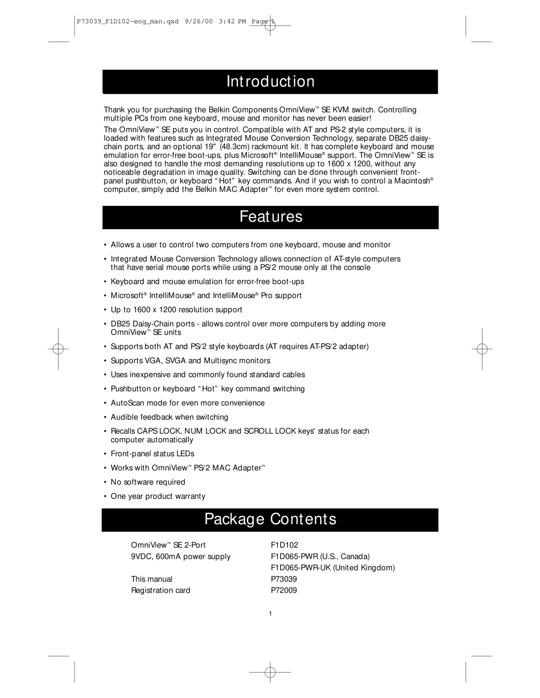 Belkin SE 2-Port user manual Introduction, Features, Package Contents 