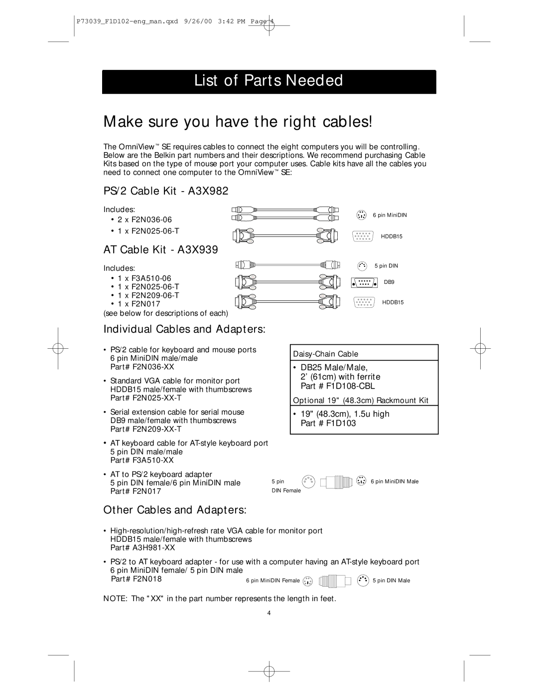 Belkin SE 2-Port List of Parts Needed, PS/2 Cable Kit A3X982, AT Cable Kit A3X939, Individual Cables and Adapters 