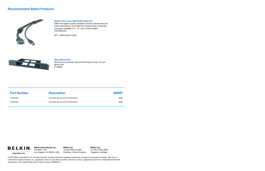 Belkin Secure KVM Switch manual Recommended Belkin Products, Part Number Description 