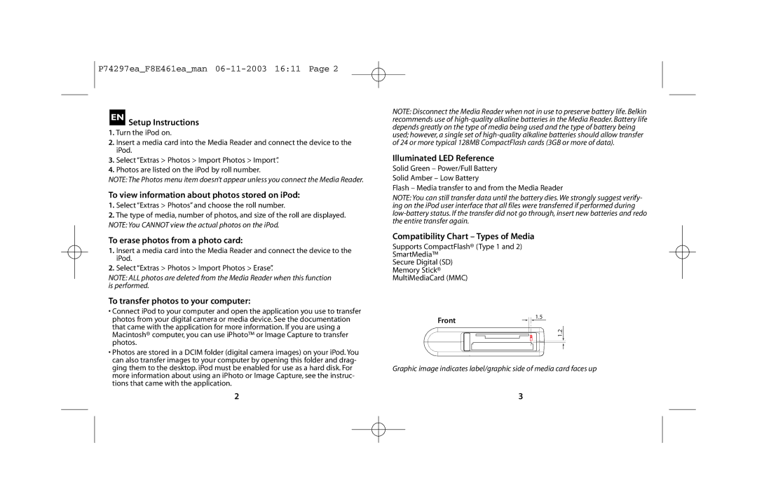 Belkin T7418ZM/A EN Setup Instructions, To view information about photos stored on iPod, To erase photos from a photo card 