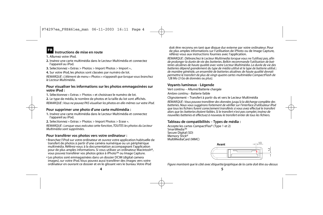 Belkin T7418ZM/A manual FR Instructions de mise en route, Pour supprimer une photo d’une carte multimédia 