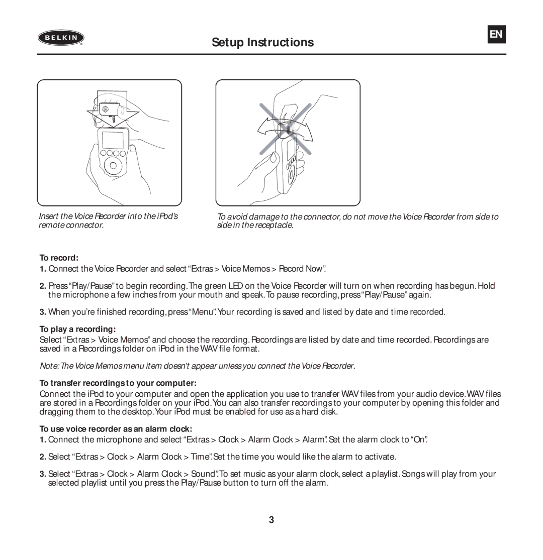Belkin T7419ZM/A manual Insert the Voice Recorder into the iPod’s, Remote connector Side in the receptacle 
