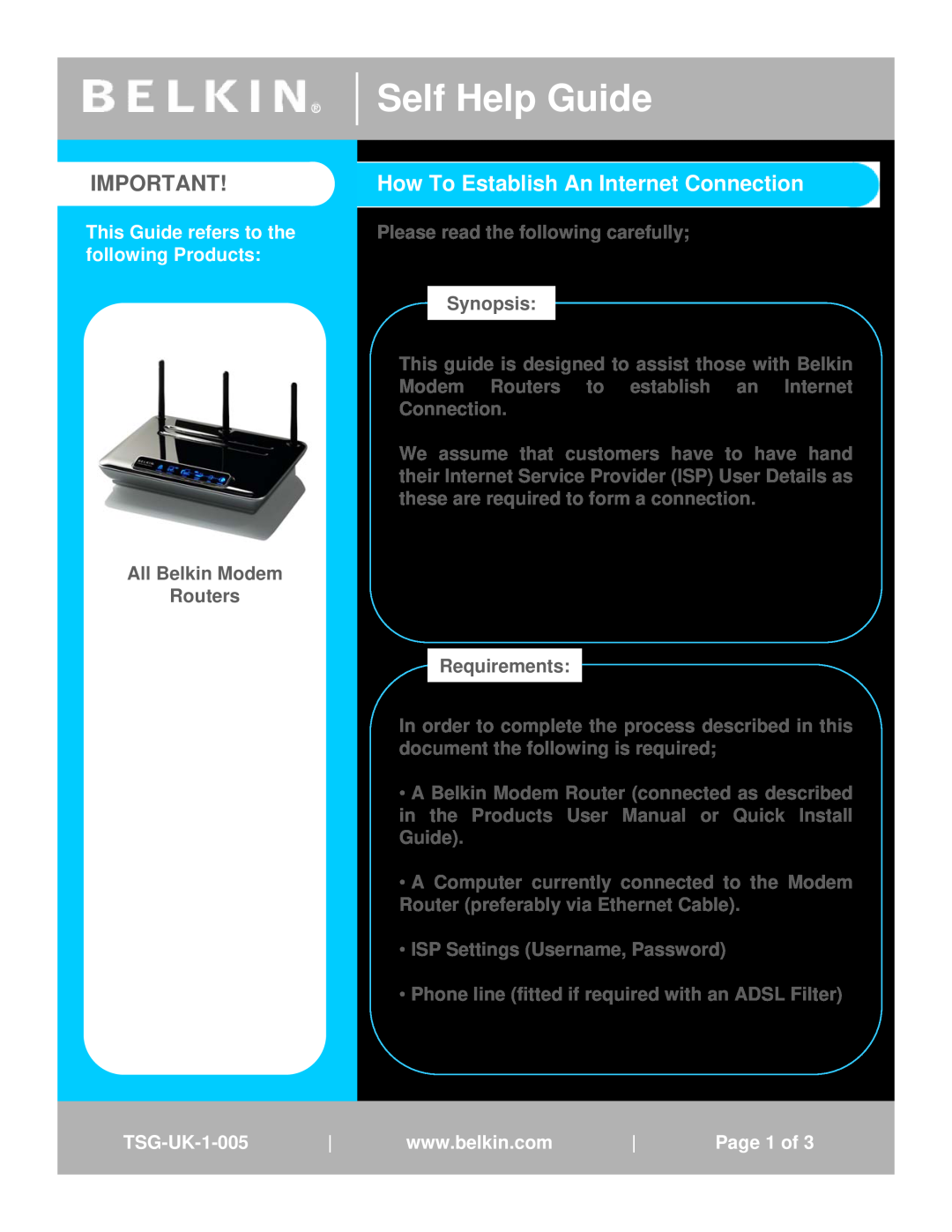 Belkin TSG-UK-1-001 user manual Self Help Guide, How To Establish An Internet Connection, TSG-UK-1-0051 