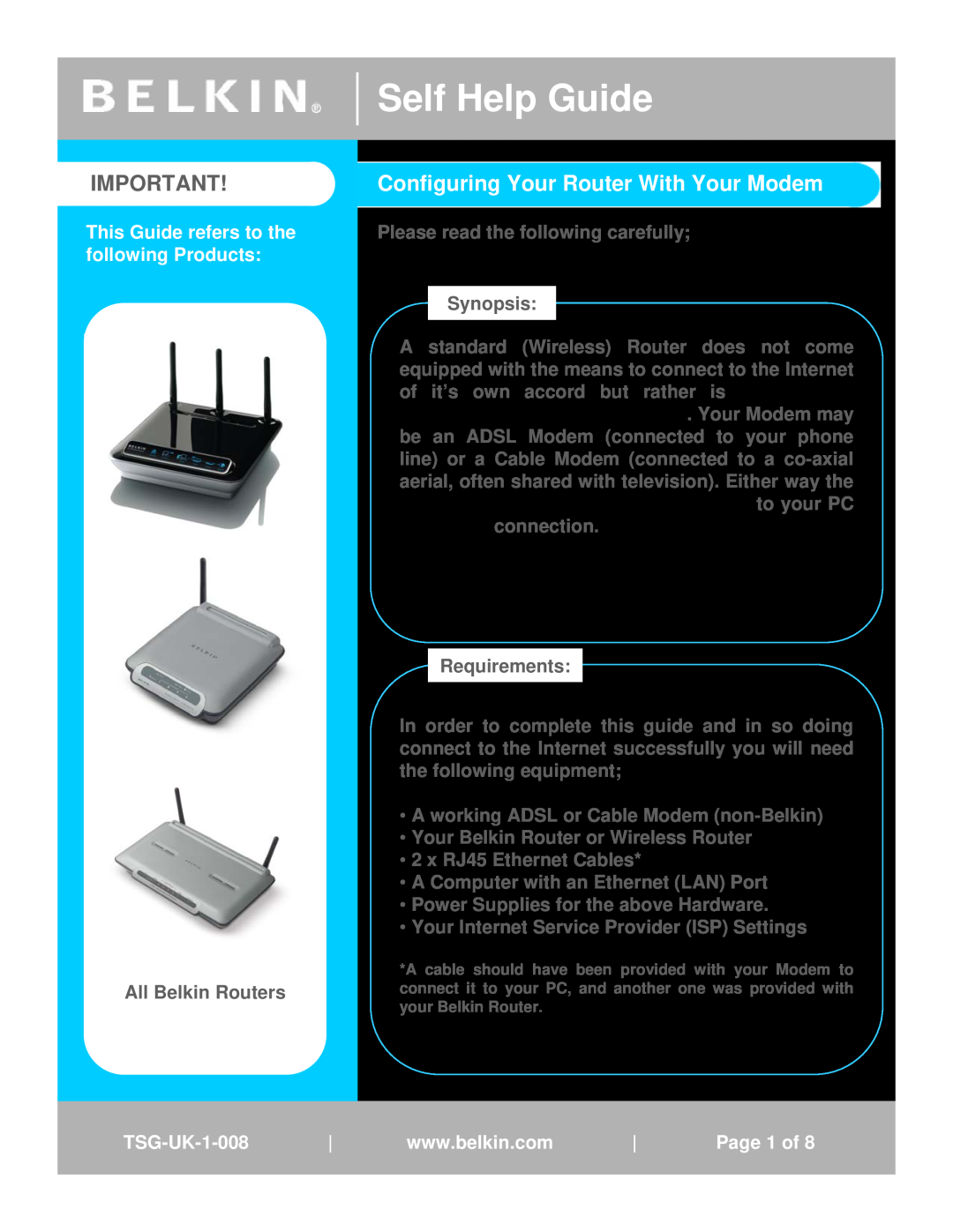 Belkin TSG-UK-1-001 manual Self Help Guide, Configuring Your Router With Your Modem, TSG-UK-1-0081 