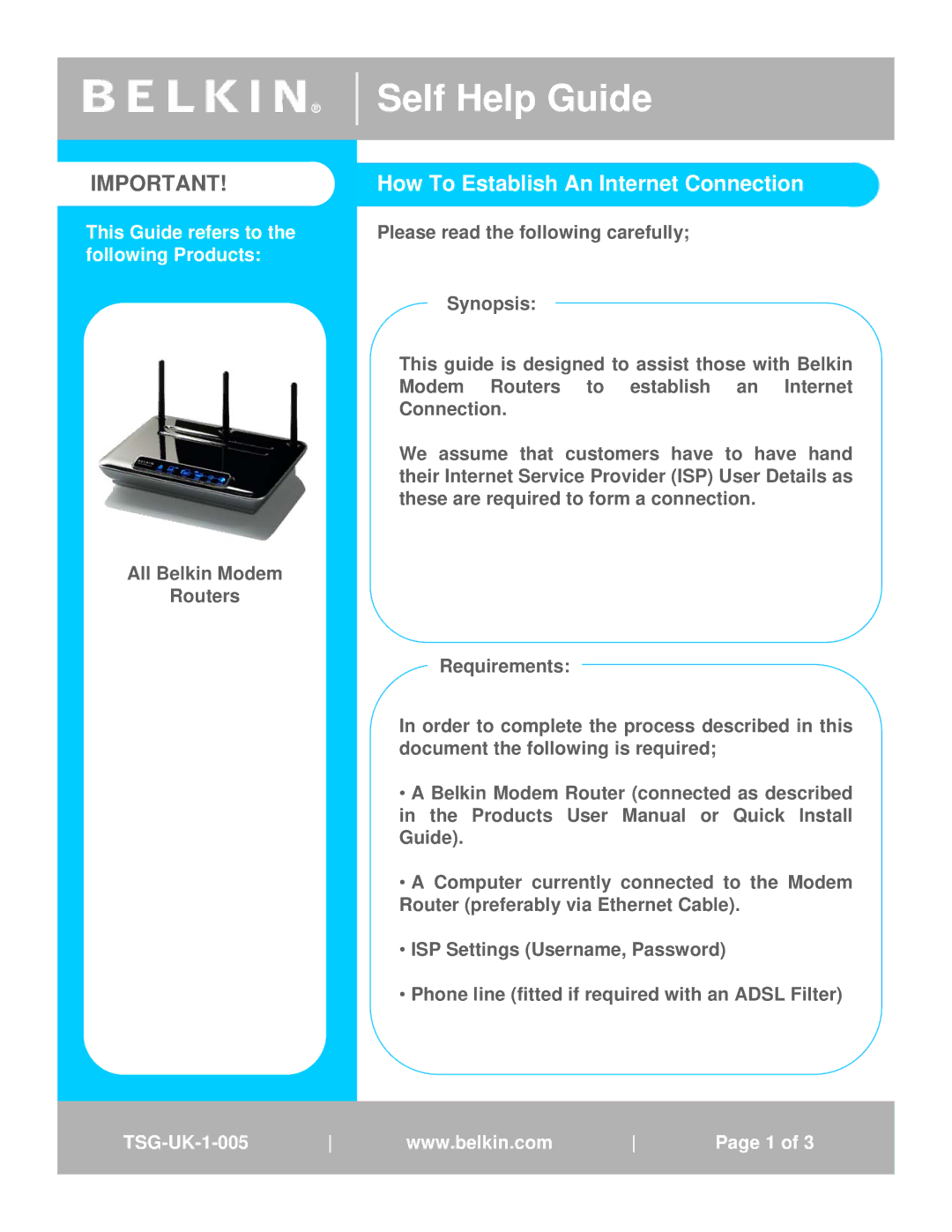 Belkin TSG-UK-1-001 user manual Self Help Guide, How To Establish An Internet Connection 