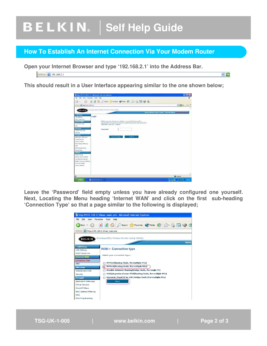 Belkin TSG-UK-1-001 user manual Self Help Guide 