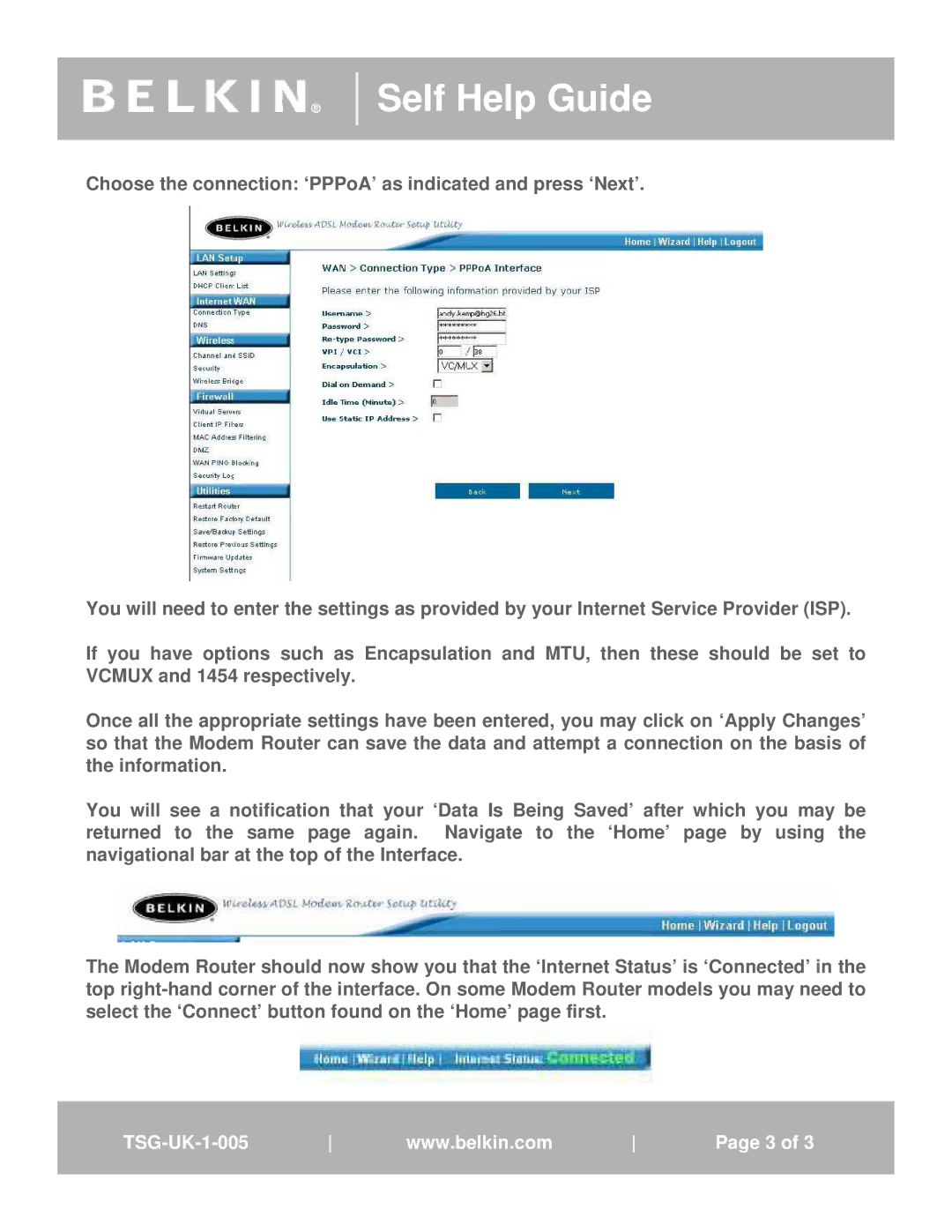 Belkin TSG-UK-1-001 user manual Self Help Guide 