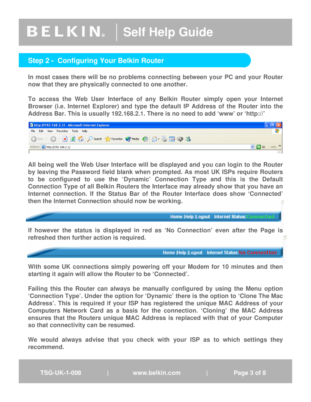 Belkin TSG-UK-1-001 manual Configuring Your Belkin Router 