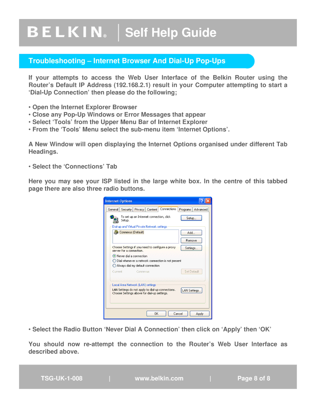 Belkin TSG-UK-1-001 manual Troubleshooting Internet Browser And Dial-Up Pop-Ups 