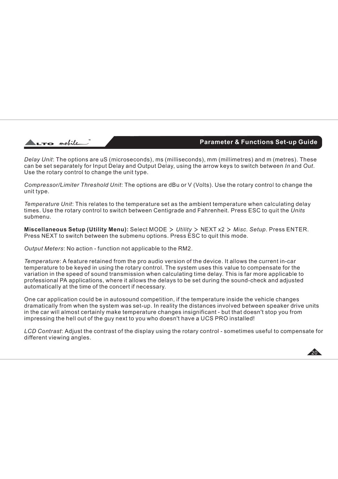 Belkin UCSPRO-RM2 user manual Parameter & Functions Set-up Guide 