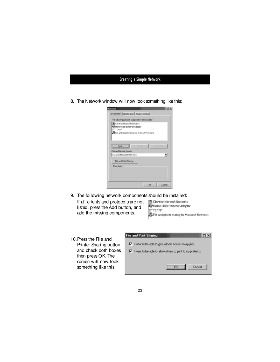 Belkin USB10 manual Creating a Simple Network 