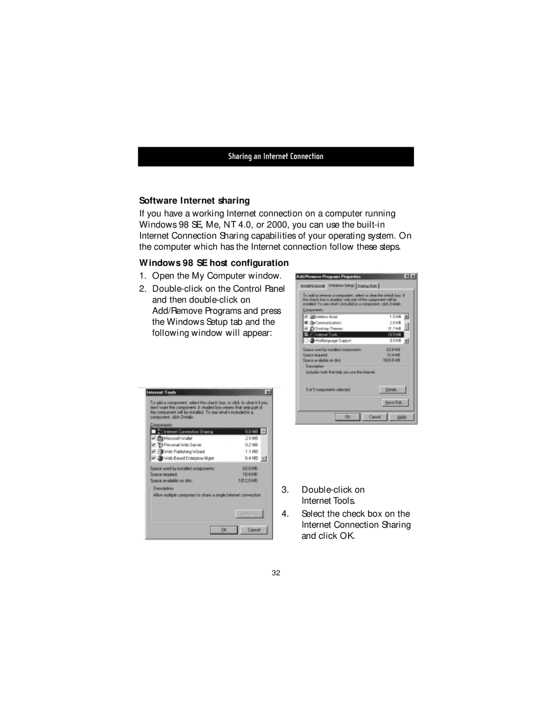 Belkin USB10 manual Software Internet sharing, Windows 98 SE host configuration 