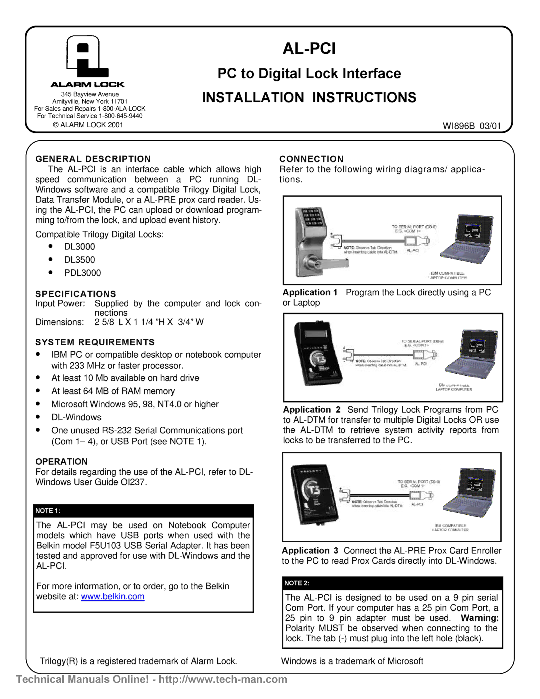 Belkin W1896B 03/01 technical manual General Description, Specifications, System Requirements, Operation, Connection 